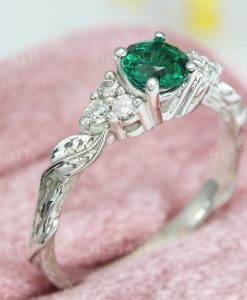 Vintage Green Emerald Engagement Ring, Diamond And Emerald Wedding Ring - Image 6