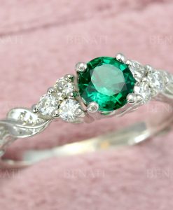 Vintage Green Emerald Engagement Ring, Diamond And Emerald Wedding Ring - Image 4