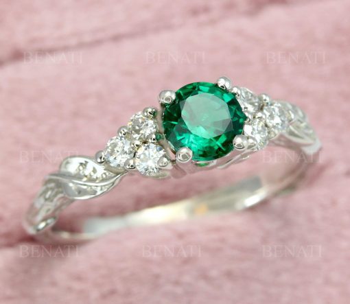 Vintage Green Emerald Engagement Ring, Diamond And Emerald Wedding Ring