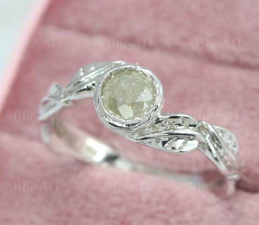 Salt & Pepper Diamond Leaf Engagement Ring, Twig Engagement Ring