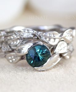 Teal Green sapphire engagement ring, Leaf wedding ring set