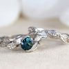 Teal Green sapphire engagement ring, Leaf wedding ring set