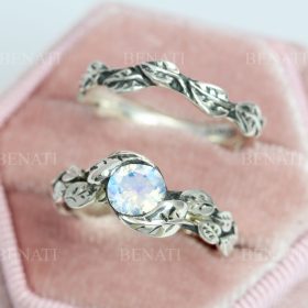 Natural Floral Moonstone Engagement Ring Set, Leaf Ring With Moonstone Gemstone In Silver