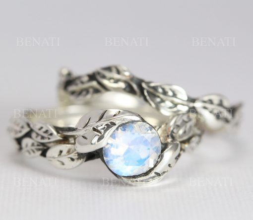Natural Floral Moonstone Engagement Ring Set, Leaf Ring With Moonstone Gemstone In Silver