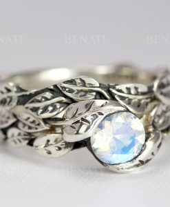 Natural Floral Moonstone Engagement Ring Set, Leaf Ring With Moonstone Gemstone In Silver - Image 3