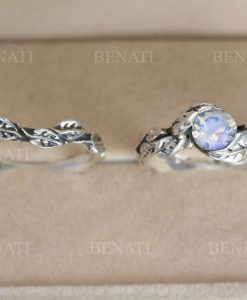 Natural Floral Moonstone Engagement Ring Set, Leaf Ring With Moonstone Gemstone In Silver - Image 4