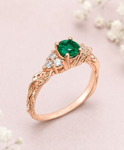 Vintage Green Emerald Engagement Ring, Diamond And Emerald Wedding Ring - Image 3
