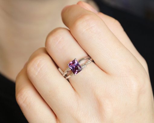 Alexandrite Ring Engagement Ring June Birthstone Ring Floral Promise Ring, Antique Ring Leaves Ring Vintage Edwardian Friendship Emerald Cut