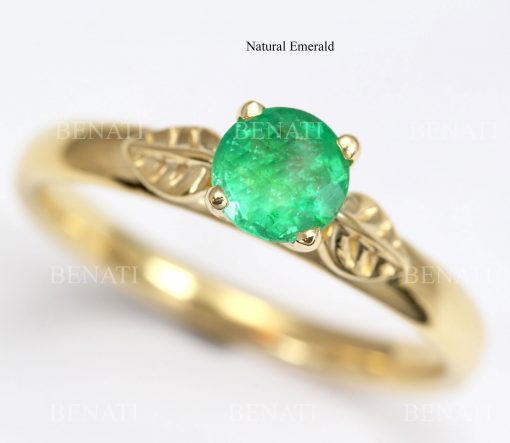 Vintage Emerald Engagement Ring, Floral Emerald Leaves Ring