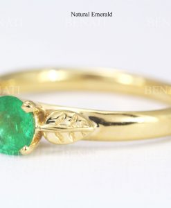 Vintage Emerald Engagement Ring, Floral Emerald Leaves Ring - Image 7