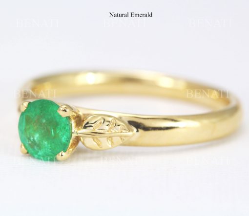 Vintage Emerald Engagement Ring, Floral Emerald Leaves Ring