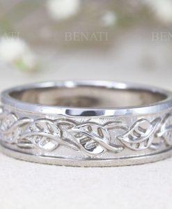 7mm wide mens wedding band with leaves, white gold.