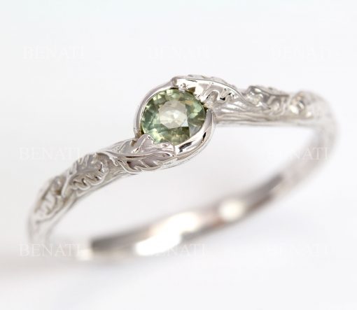 Green sapphire vintage engagement ring, Nature inspired Leaves Ring