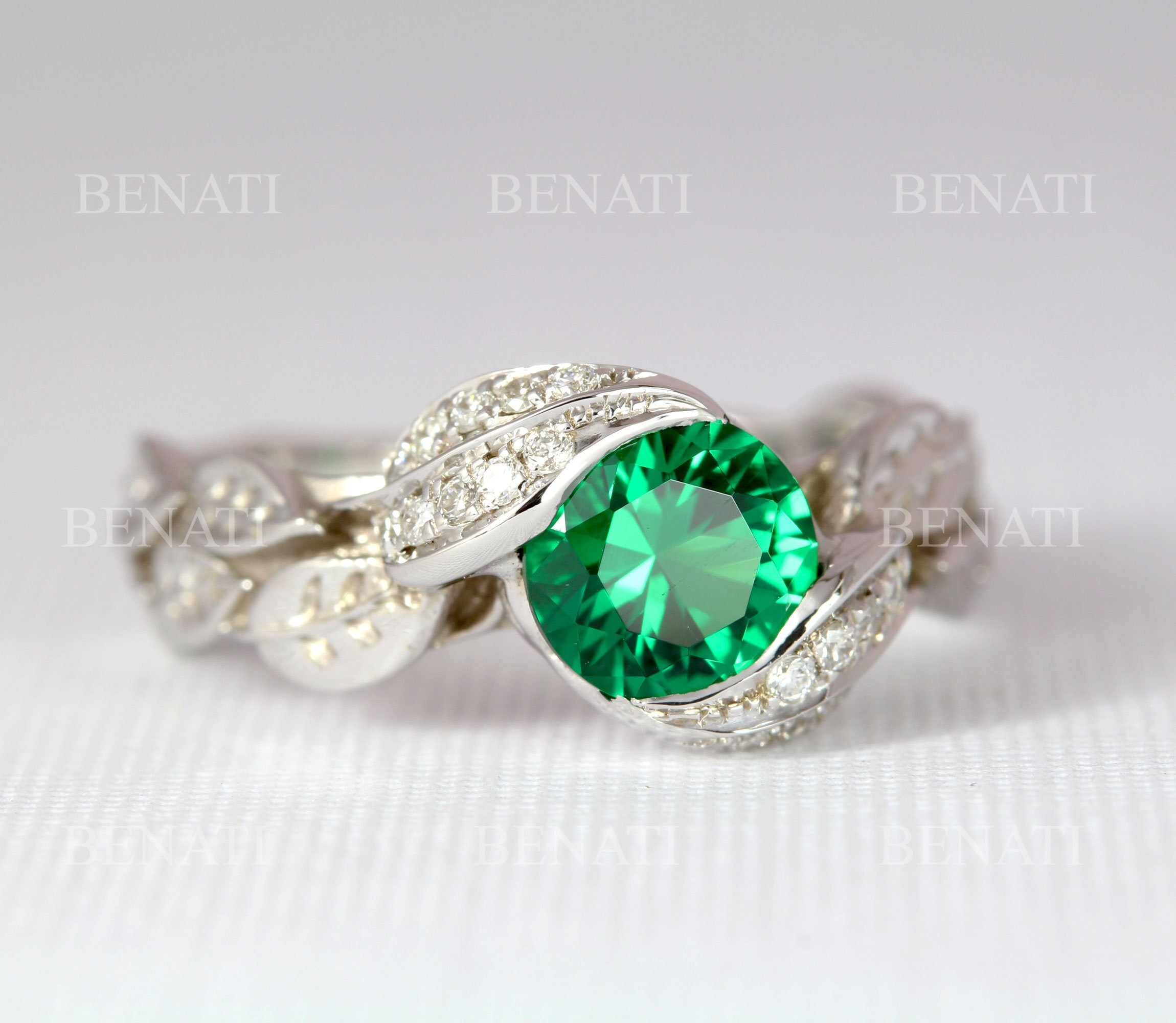18k gold Leaf Ring, Emerald Leaf Engagement Ring Benati