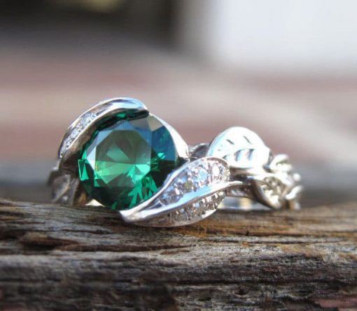 18k gold Leaf Ring, Emerald Leaf Engagement Ring