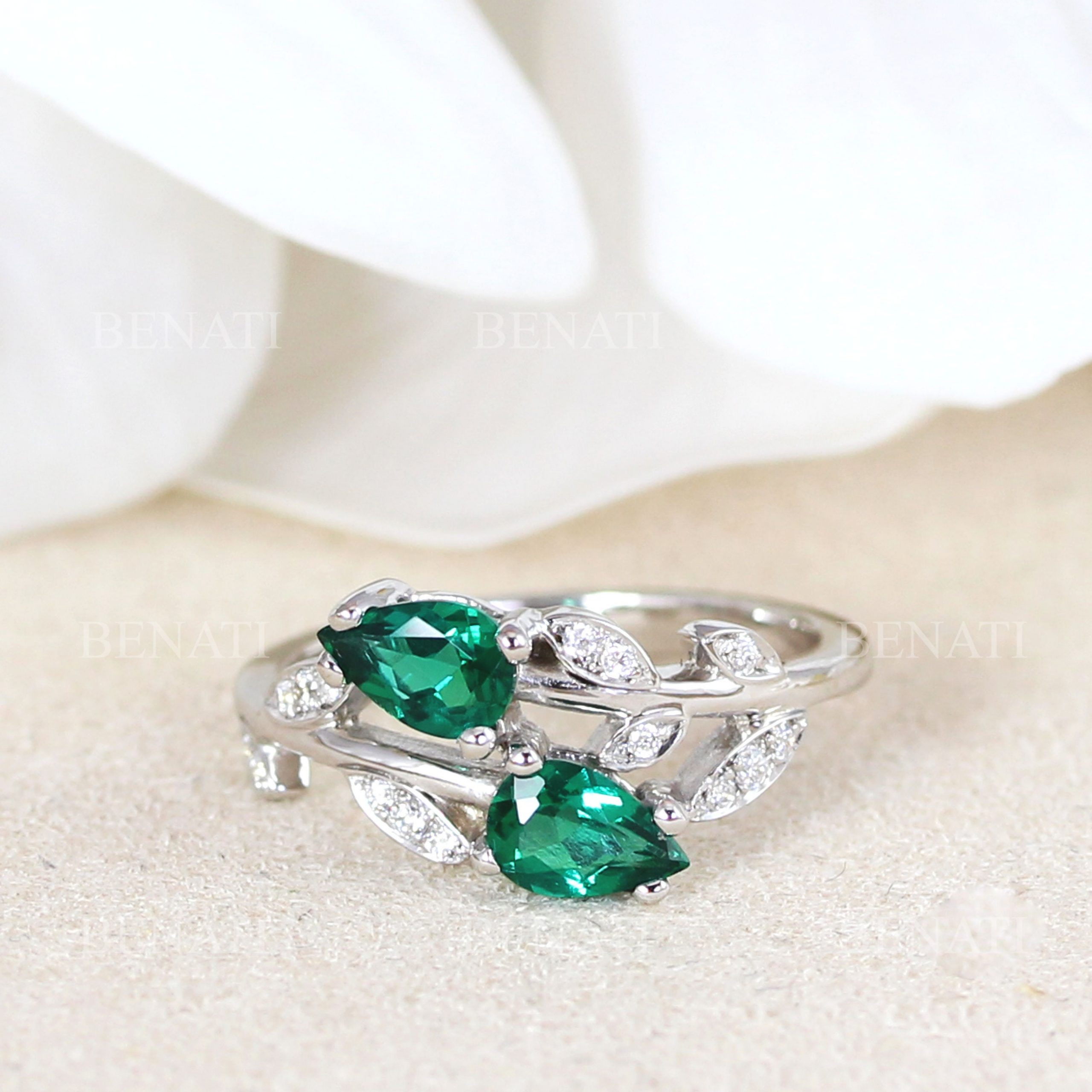 Nature Inspired Pear Cut Emerald Leaves Ring Alternative Engagement Ring Benati 0850