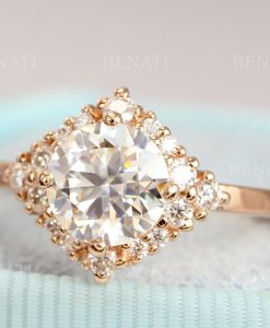 Moissanite vintage engagement ring, Unique Cluster rose gold bridal ring - Image 2