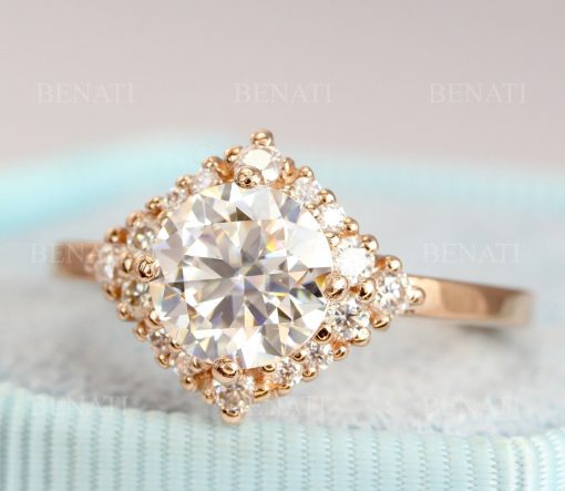 Moissanite vintage engagement ring, Unique Cluster rose gold bridal ring