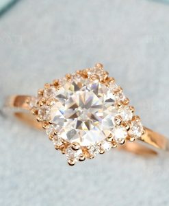 Moissanite vintage engagement ring, Unique Cluster rose gold bridal ring - Image 3