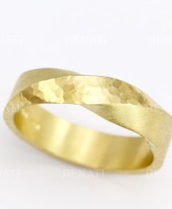 Mens mobius wedding ring in 14k yellow gold with hammered texture
