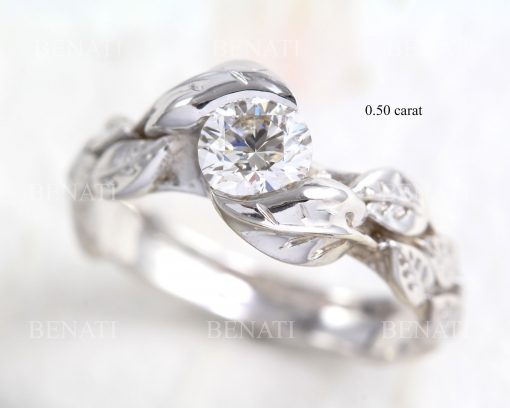 Leaf Diamond Engagement Ring, Vintage Nature Inspired Diamond Ring