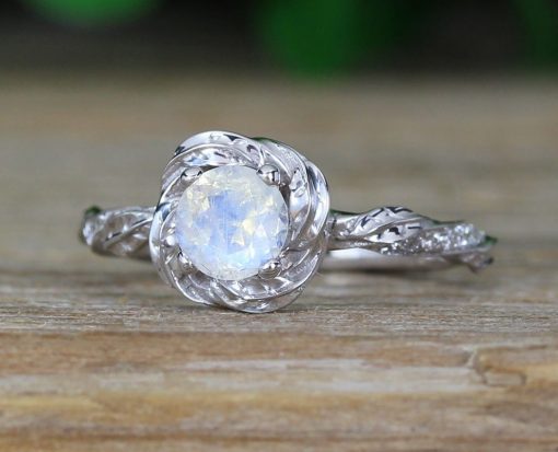 Moonstone Engagement Ring, Rainbow Moonstone Floral Ring