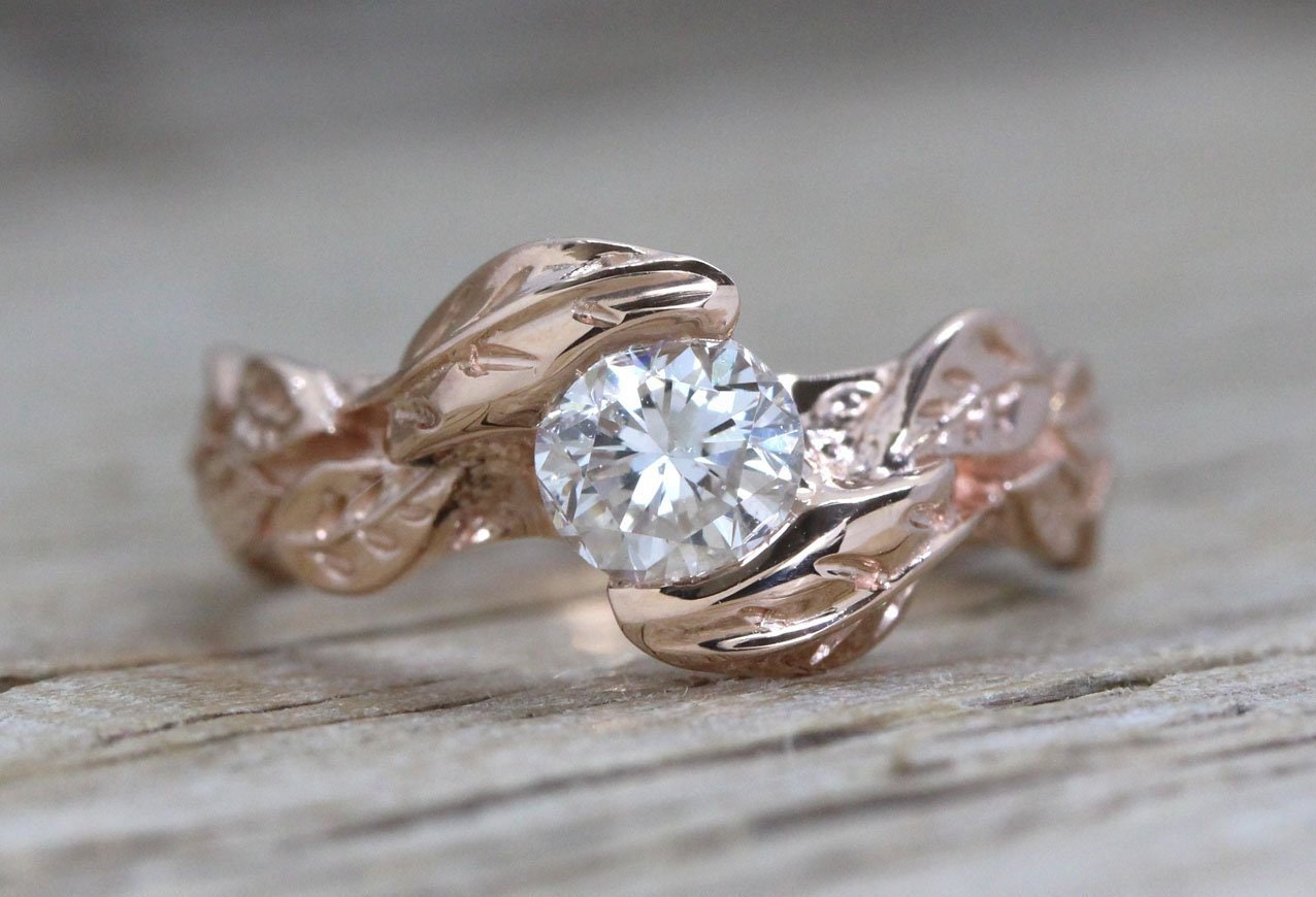 Rose Gold Diamond Engagement Ring With Leaves, Engagement Ring Nature  Inspired Leaf Ring