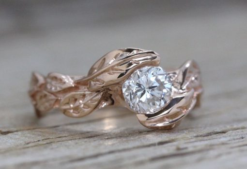 Rose Gold Diamond Engagement Ring With Leaves, Engagement Ring Nature Inspired Leaf Ring