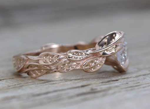 Rose Gold Diamond Engagement Ring With Leaves, Engagement Ring Nature Inspired Leaf Ring