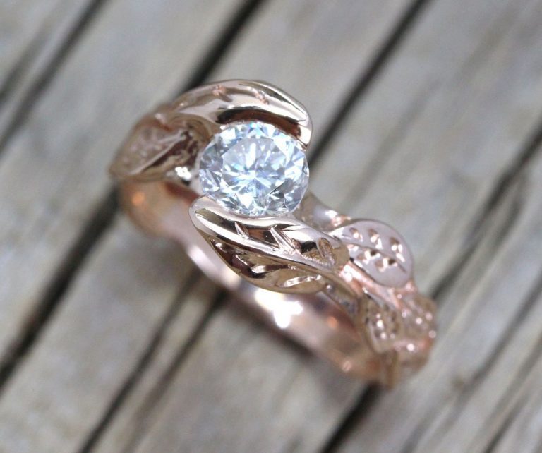 Rose Gold Diamond Engagement Ring With Leaves, Engagement Ring Nature ...