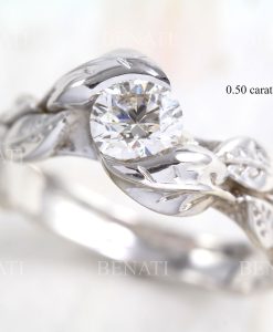 Rose Gold Diamond Engagement Ring With Leaves, Engagement Ring Nature Inspired Leaf Ring - Image 14