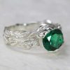 Emerald Gold Leaf Engagement Ring, Green Stone Leaf Engagement Ring