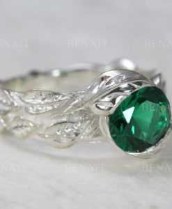 Emerald Gold Leaf Engagement Ring, Green Stone Leaf Engagement Ring - Image 2