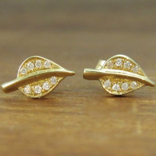 Dainty Gold Stud Leaves Earrings, Diamond stud Leaves earrings