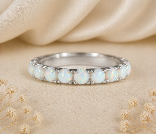 White Opal Wedding Band, Eternity Band