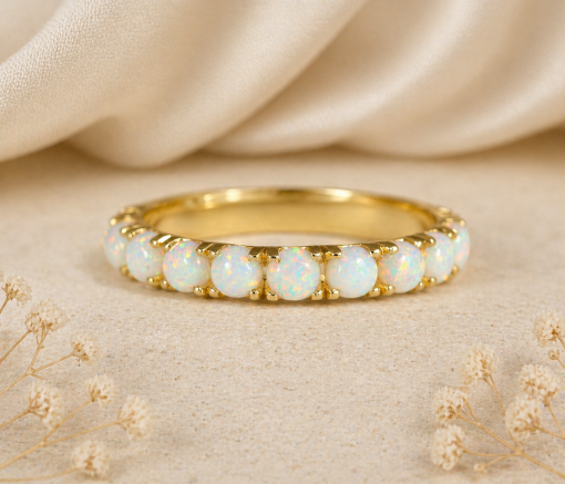 White Opal Wedding Band, Eternity Band