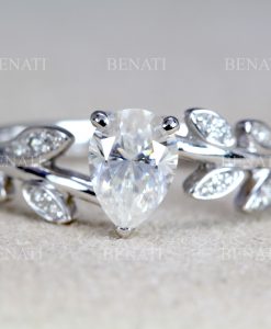 Moissanite engagement ring, Pear cut promise leaves ring - Image 3