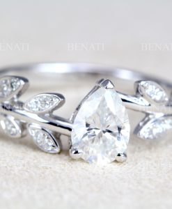 Moissanite engagement ring, Pear cut promise leaves ring - Image 4