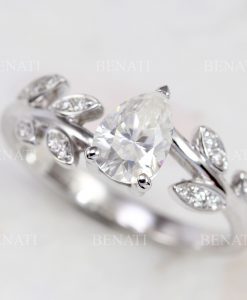 Moissanite engagement ring, Pear cut promise leaves ring - Image 5