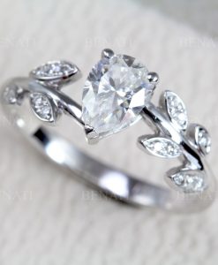 Moissanite engagement ring, Pear cut promise leaves ring - Image 6