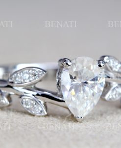 Moissanite engagement ring, Pear cut promise leaves ring - Image 7