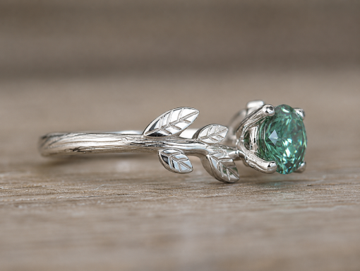 Green Moissanite Engagement Ring, Vintage Leaf Engagement Ring