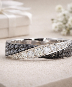Black and white diamond band ring in white gold, unique crossover design with pave set black diamonds and white diamonds, modern wedding band, elegant stacking ring, minimalist fine jewelry gift