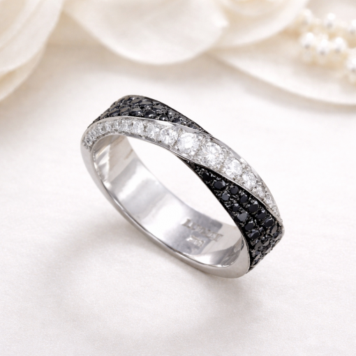 5mm Mobius Wedding Diamond Ring, White and Black Natural Diamond Ring
