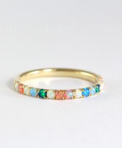 Rainbow Opal Eternity Wedding Band For Women, 14k Gold Multicolor Opal Ring - Image 4