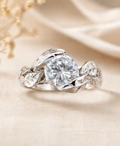 Leaves ring with round brilliant moissanite in 14k solid gold by Benati