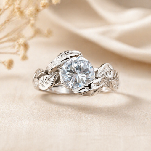 Leaves ring with round brilliant moissanite in 14k solid gold by Benati
