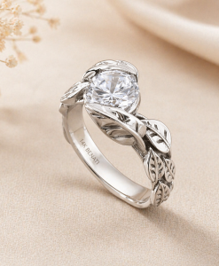 Moissanite Leaf Engagement Ring, Moissanite Nature Ring In Solid 14k Gold - Image 2
