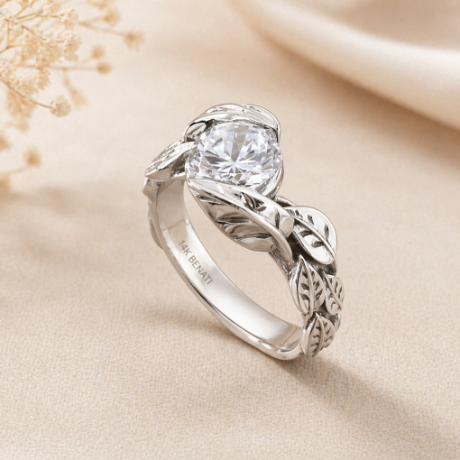 Moissanite Leaf Engagement Ring, Moissanite Nature Ring In Solid 14k Gold