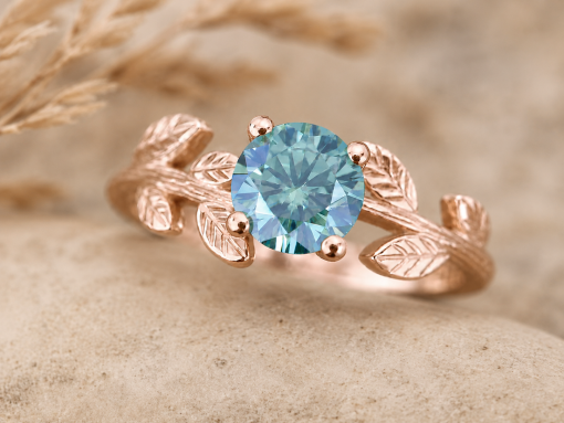 Green Moissanite Engagement Ring, Vintage Leaf Engagement Ring